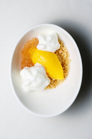 Mango ice cream with citrus cream on a white bowl.の写真素材