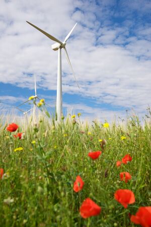 Windmills for electric power production, Zaragoza province, Aragon in Spain.の写真素材