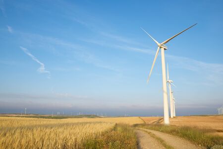 Wind turbines for electric power production, Zaragoza province, Aragon in Spain.