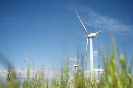 Windmills for electric power production, Zaragoza province, Aragon in Spain.