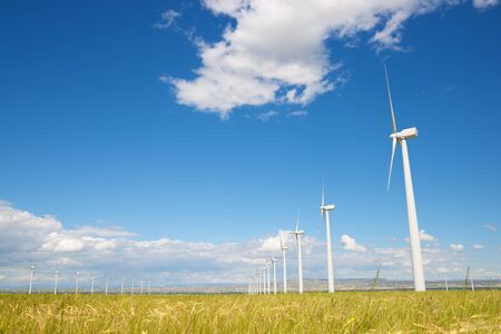 Windmills for electric power production, Zaragoza province, Aragon in Spain.