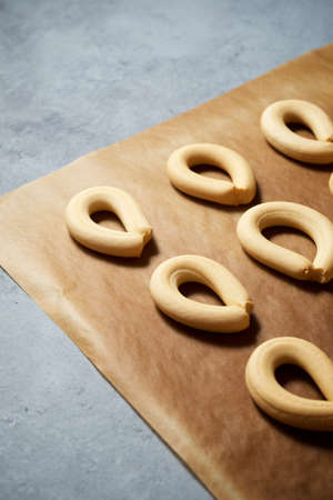 Bread sticks on a baking paper.の写真素材