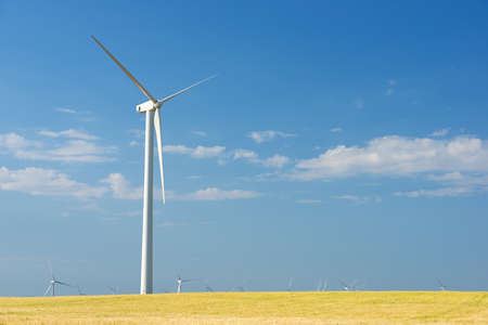 Wind turbines for electric power production, Zaragoza province, Aragon in Spain.