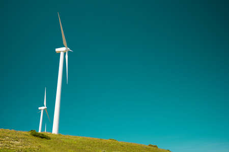 Wind turbines for electric power production, Zaragoza province, Aragon in Spain.の写真素材