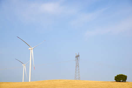 Wind turbines for electric power production, Zaragoza province, Aragon in Spain.