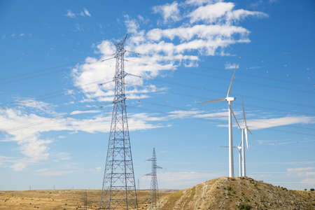 Wind turbines for electric power production, Teruel province, Aragon in Spain.
