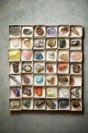 Collection of minerals in cardboard boxes.