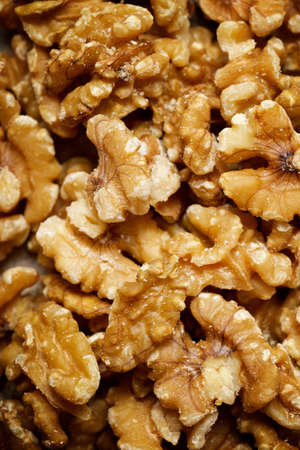 Close-up of a group of peeled walnuts.