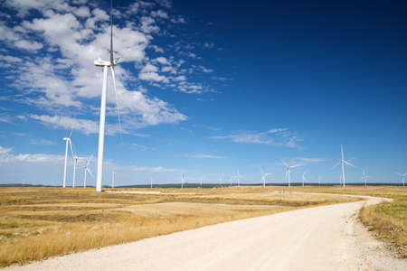 Wind turbines for electric power production, Teruel province, Aragon in Spain.
