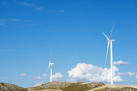 Wind turbines for electric power production, Zaragoza province, Aragon in Spain.の写真素材
