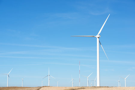 Wind turbines for electric power production, Zaragoza province, Aragon in Spain.の写真素材