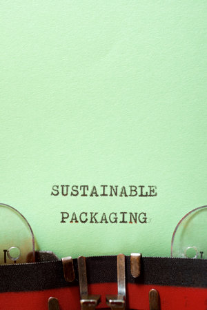 Sustainable packaging phrase written with a typewriter.