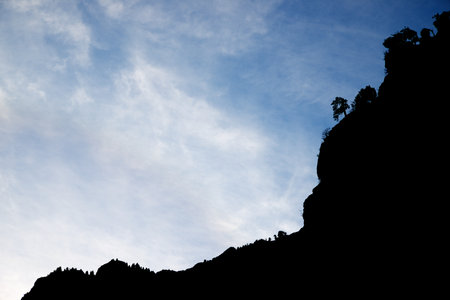 Silhouette of some trees in the Canfranc valley, Huesca province, Pyrenees, Aragon in Spain.の写真素材