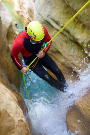 Canyoneering Formiga Canyon in Guara Mountains, Huesca Province in Spain.の写真素材