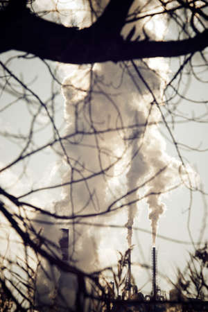 Smokestacks in a paper mill, Zaragoza Province, Spain.の写真素材