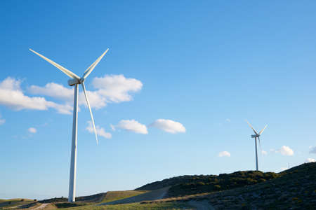 Wind turbines for electric power production, Zaragoza Province, Aragon in Spain.