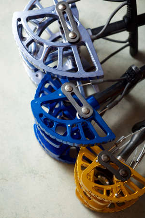 Climbing cams used in climbing on a table.
