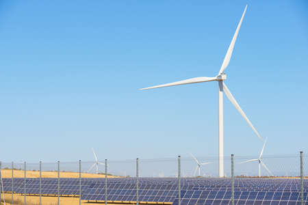 Many solar panels for electric production and windmills in Zaragoza Province, Aragon, Spain.