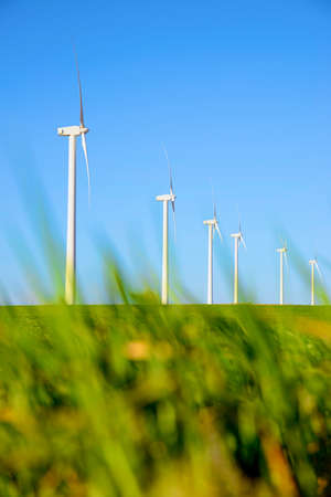 Wind turbines for electric power production, Zaragoza province, Aragon in Spain.の写真素材