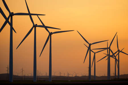 Windmills for electric power production, Zaragoza Province, Aragon in Spain.