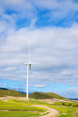 Wind turbine for electric power production, Zaragoza Province, Aragon in Spain.の写真素材