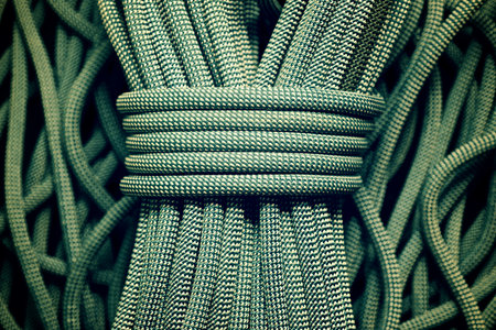 Blue climbing rope close up.の写真素材