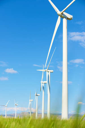 Wind turbines for electric power production, Zaragoza Province, Aragon in Spain.