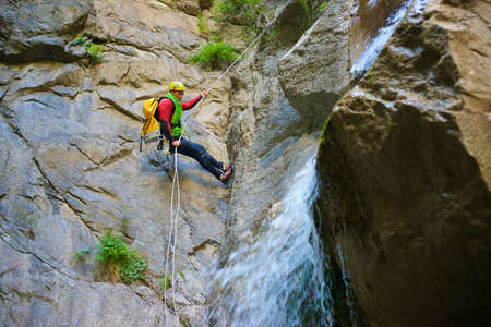 Canyoneering in the Pyrenees, Broto village, Huesca Province in Spain.の写真素材