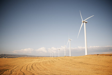 Wind turbines for electric power production, Zaragoza province, Aragon in Spain.の写真素材