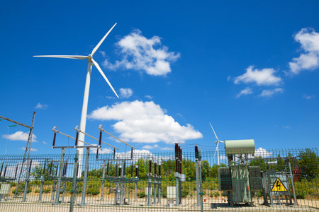 Wind turbine for electric power production and electrical substation, Segovia province, Castilla...
