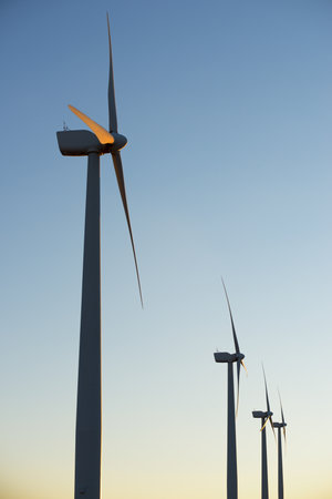 Wind turbines for electric power production, Zaragoza province, Aragon in Spain.
