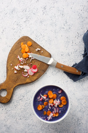 Red cabbage cream with radishes and carrots.の写真素材