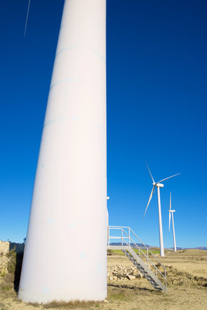 Wind turbines for electric power production, Zaragoza province, Aragon in Spain.の写真素材