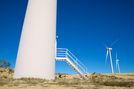 Wind turbines for electric power production, Zaragoza province, Aragon in Spain.の写真素材