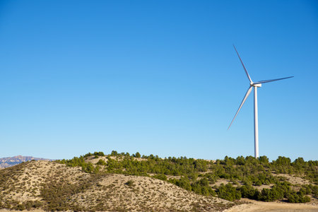 Wind turbine for electric power production, Zaragoza province, Aragon in Spain.の写真素材