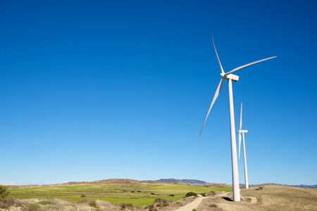Wind turbines for electric power production, Zaragoza province, Aragon in Spain.の写真素材