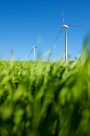 Wind turbines for electric power production, Zaragoza province, Aragon in Spain.