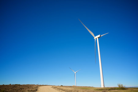 Wind turbines for electric power production, Zaragoza province, Aragon in Spain.の写真素材