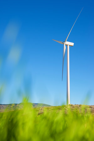 Wind turbine for electric power production, Zaragoza province, Aragon in Spain.の写真素材
