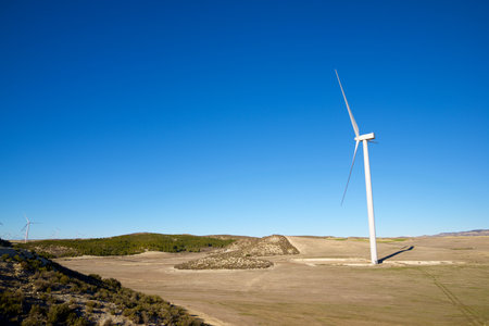 Wind turbines for electric power production, Zaragoza province, Aragon in Spain.の写真素材