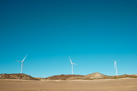 Wind turbines for electric power production, Zaragoza province, Aragon in Spain.の写真素材