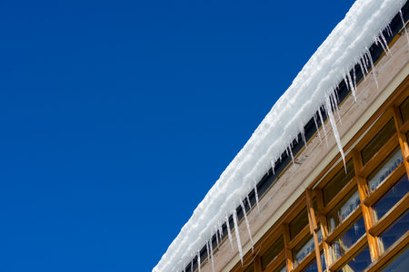 Ice icicles in a building at the Panticosa Spa in the Spanish Pyrenees.の写真素材