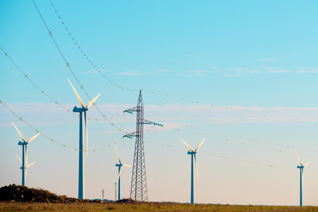 Wind turbine generators for electrical power production and power line in Spainの写真素材