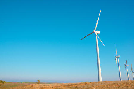 Wind turbine generators for green electrical energy production in Zaragoza province, Aragon, Spain.の写真素材