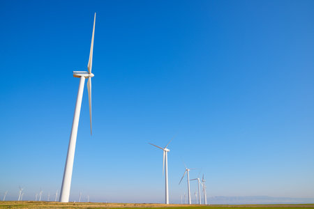 Wind turbine generators for clean electrical energy production in Zaragoza province, Aragon in Spainの写真素材
