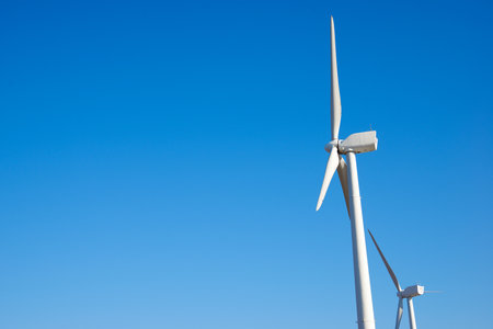 Wind turbine generators for clean electrical energy production in Zaragoza Province, Aragon in Spainの写真素材