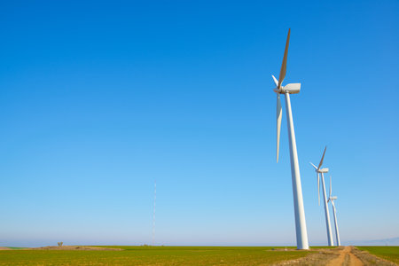 Wind turbine generators for green electrical energy production in Zaragoza province, Aragon, Spain.の写真素材