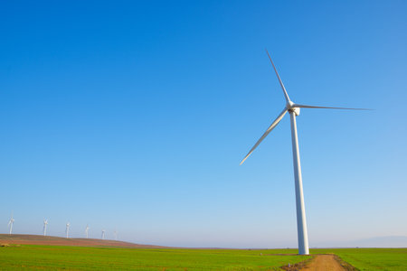 Wind turbine generators for clean electrical energy production in Zaragoza province, Aragon in Spainの写真素材