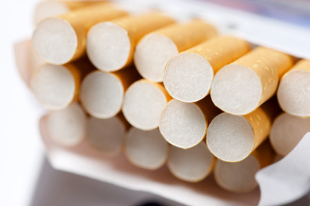 Close-up of cigarettes in a full packの写真素材