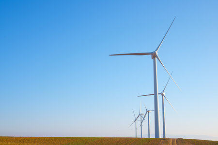 Wind turbine generators for clean electrical energy production in Zaragoza province, Aragon in Spainの写真素材